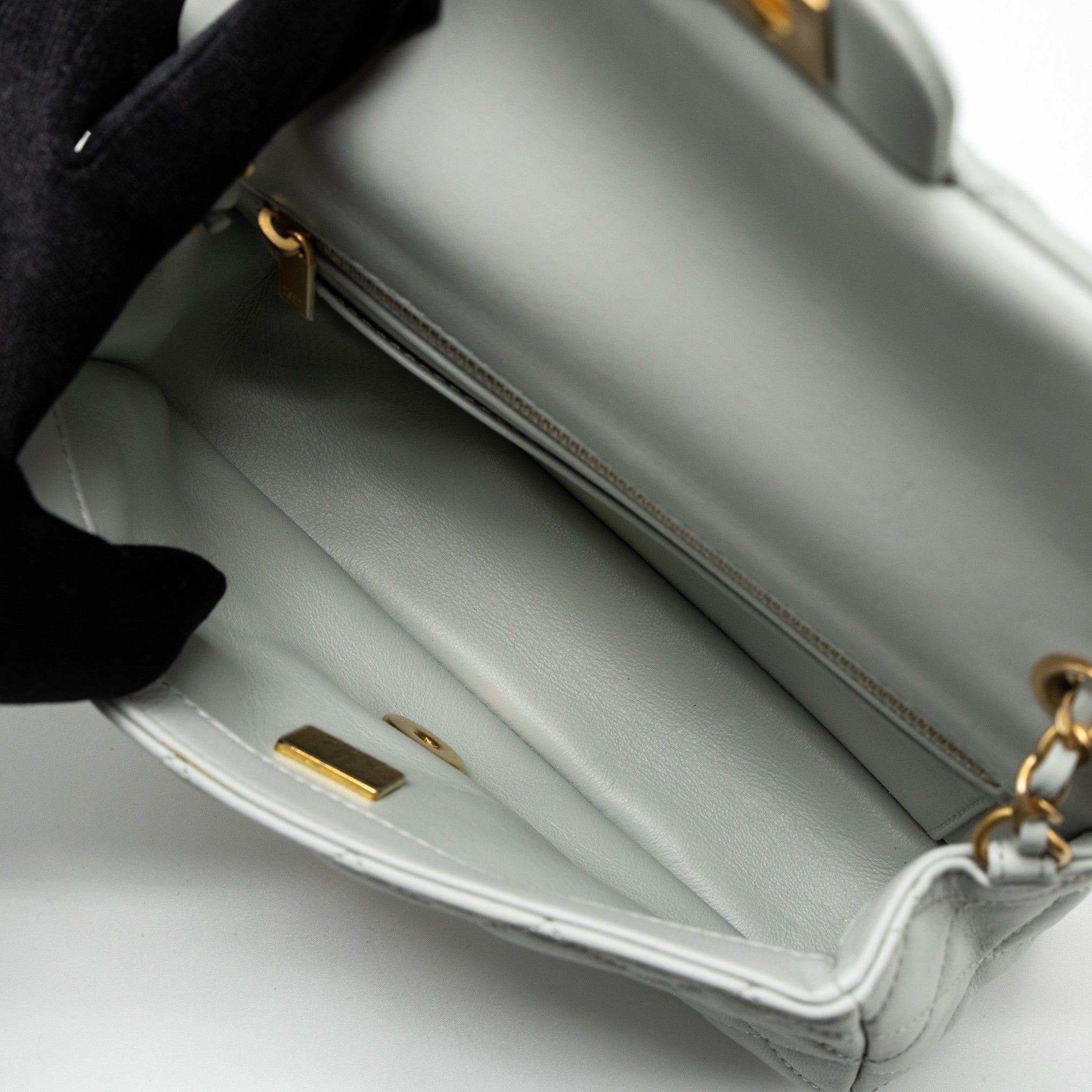 CHANEL PEARL CRUSH MINI RECTANGULAR LAMBSKIN LIGHT GREY BRUSHED GHW (MICROCHIP)