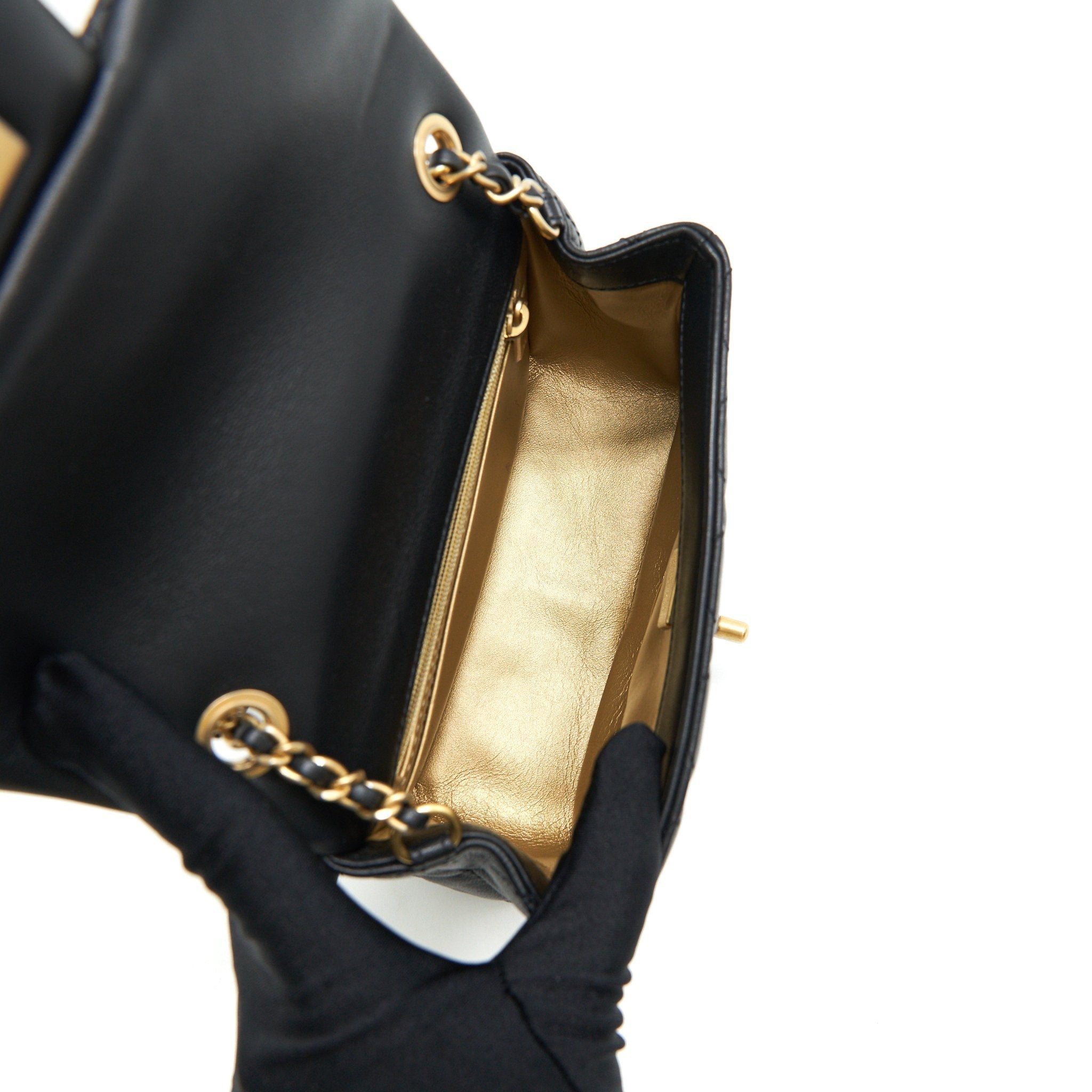 CHANEL 22C PEARL CRUSH MINI SQUARE FLAP BAG BLACK LAMBSKIN GHW (MICROCHIP)