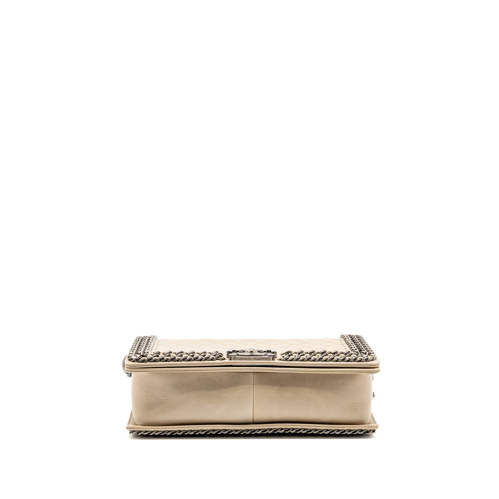 Chanel Old Medium Boy Bag with Chain Calfskin Beige Ruthenium Hardware