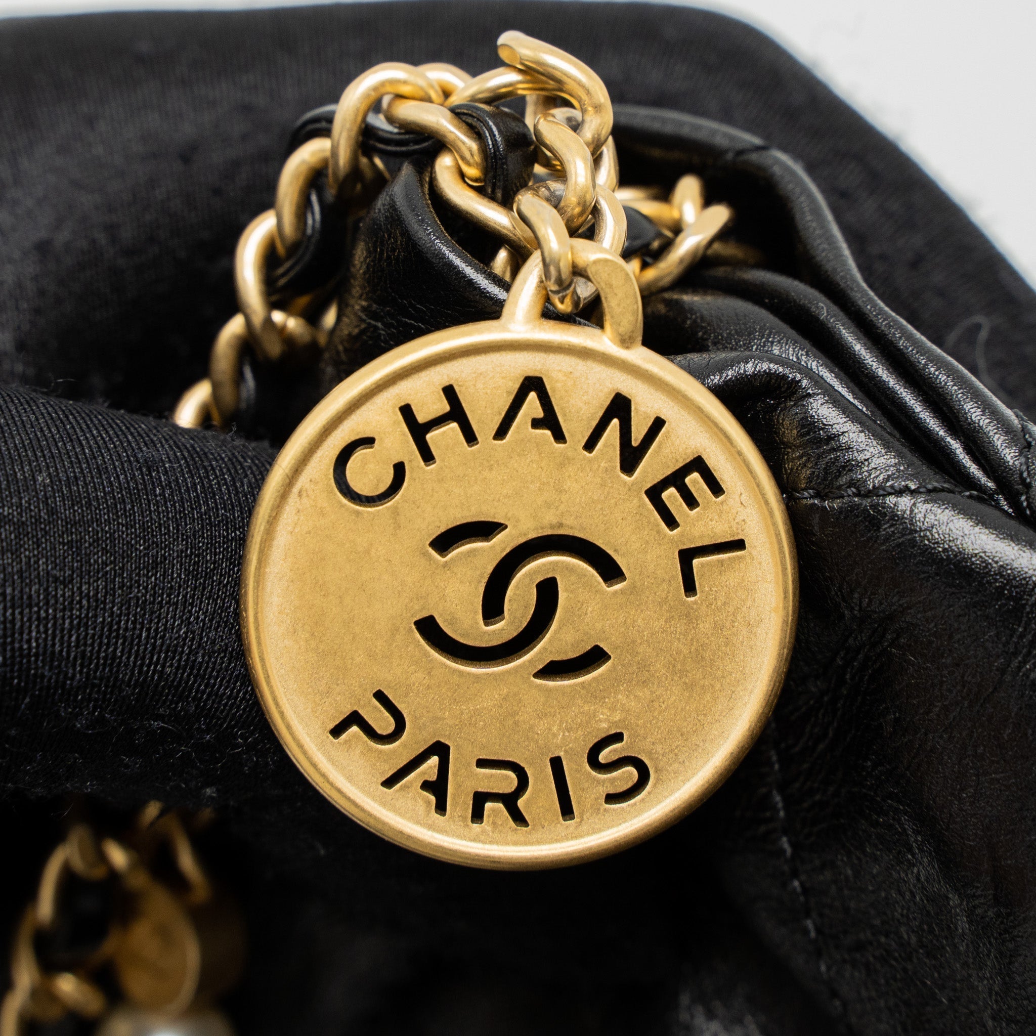 CHANEL 23S MINI 22 BAG WITH PEARL SHINY CALFSKIN BLACK BRUSHED GHW (MICROCHIP)