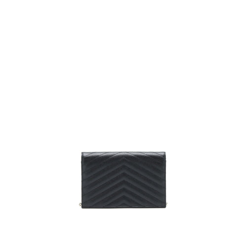 SAINT LAURENT GRAINED CALFSKIN ENVELOPE WALLET ON CHAIN BLACK SHW