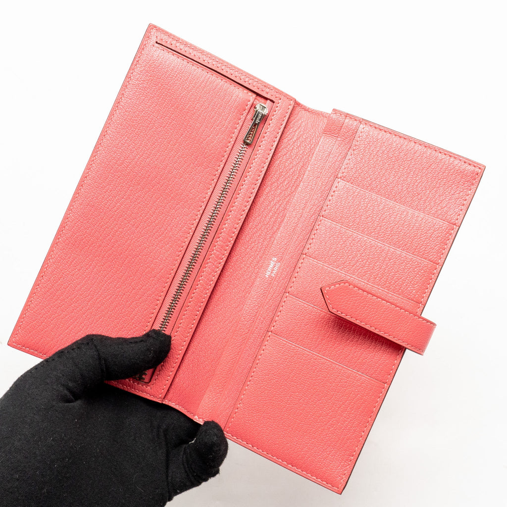 HERMES BÉARN SOUFFLET WALLET CHEVRE MYSORE ROSE LIPSTICK SHW