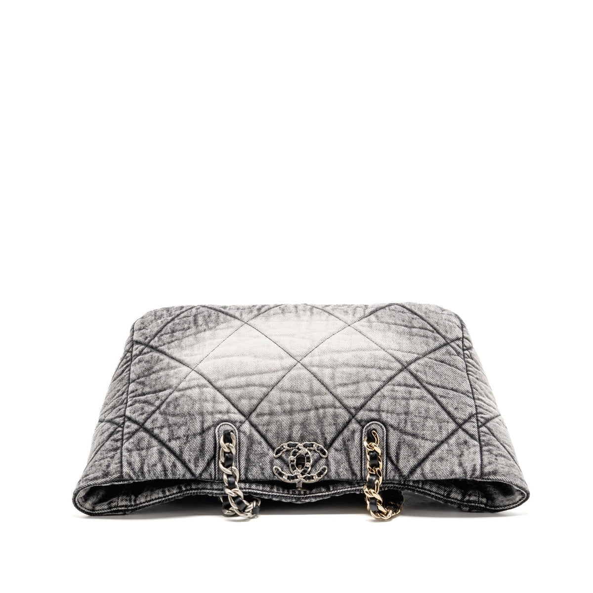 Chanel 19 Denim Shopping Tote Bag Washed Denim Grey / White Multicolour Hardware
