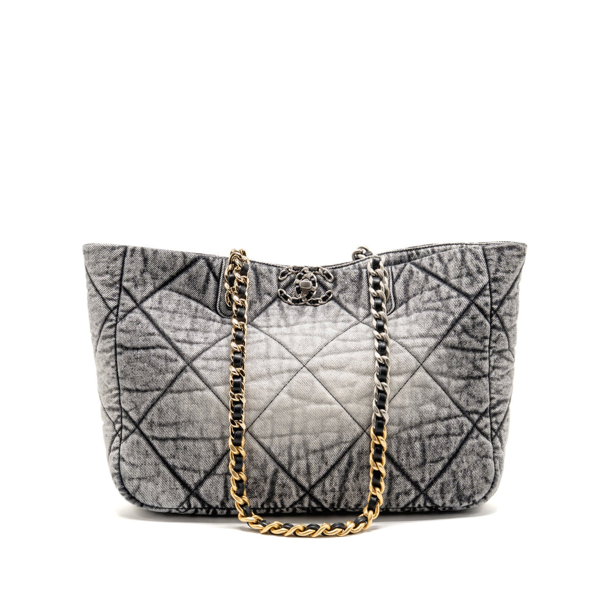 Chanel 19 Denim Shopping Tote Bag Washed Denim Grey / White Multicolour Hardware