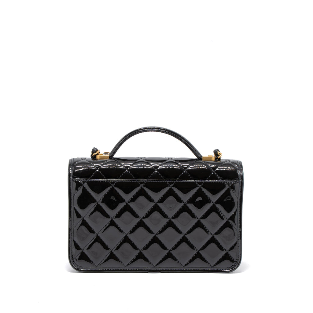CHANEL 22K TOP HANDLE MESSENGER BAG PATENT LEATHER BLACK BRUSHED GHW (MICROCHIP)