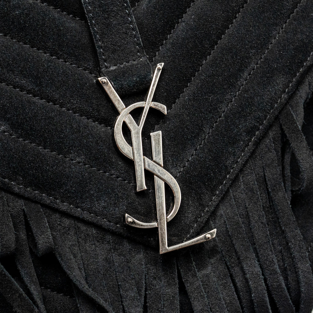 Saint Laurent/YSL Medium Chevron Fringe College Bag Suede Black Ruthenium Hardware