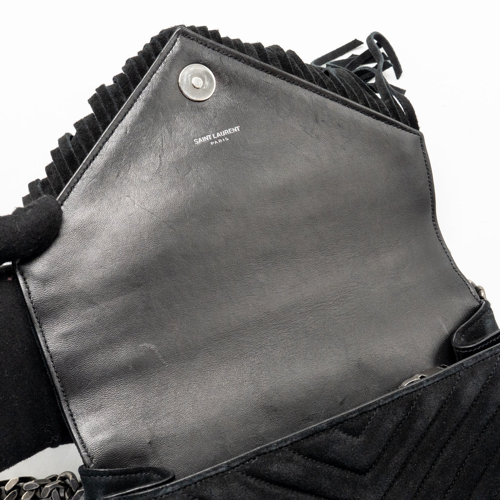 Saint Laurent/YSL Medium Chevron Fringe College Bag Suede Black Ruthenium Hardware