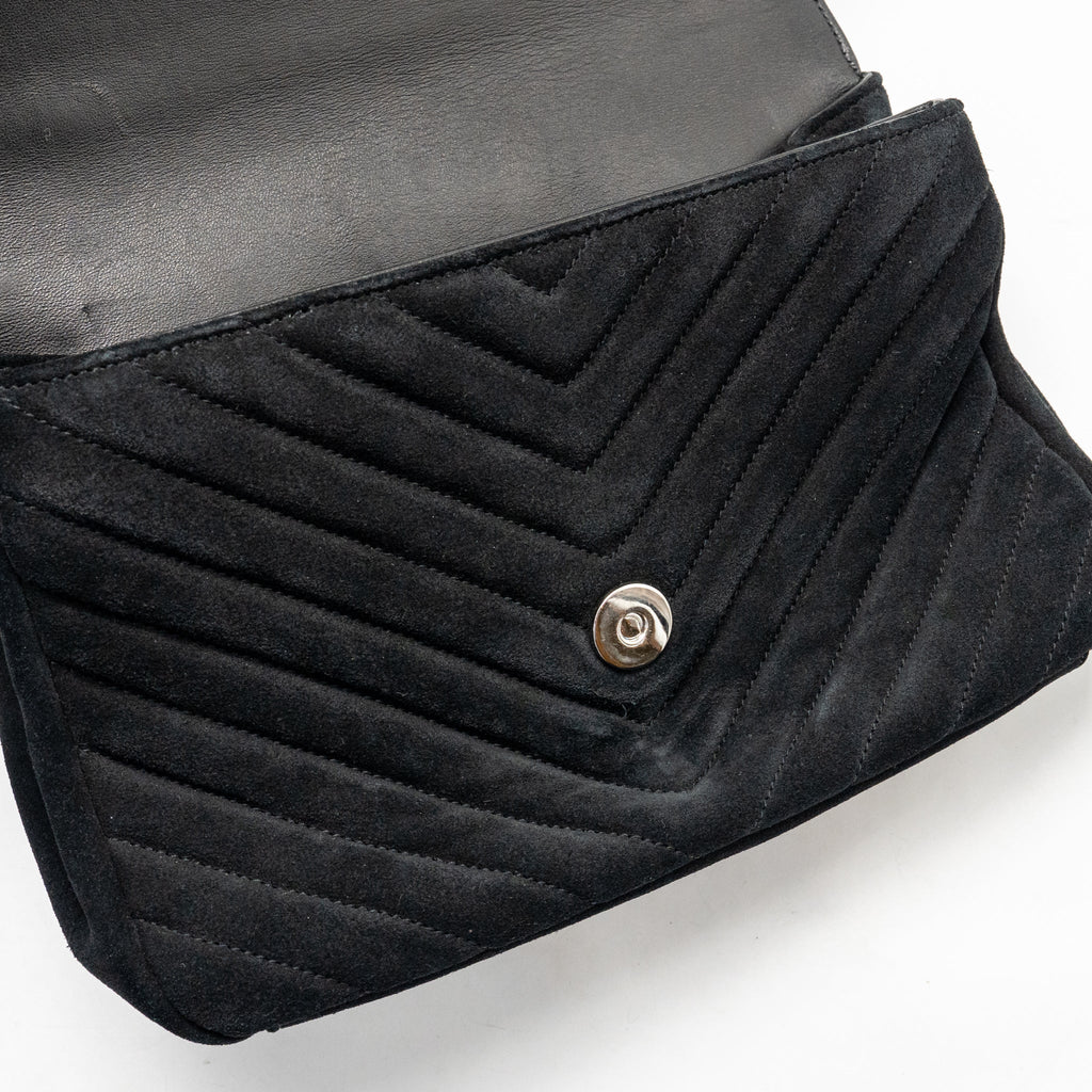 Saint Laurent/YSL Medium Chevron Fringe College Bag Suede Black Ruthenium Hardware