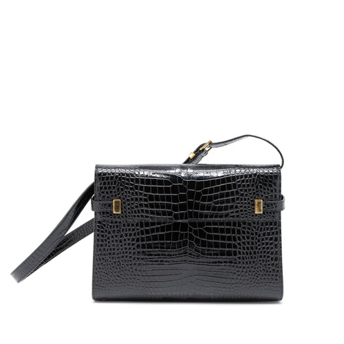 SAINT LAURENT MANHATTAN SHOULDER BAG CROCODILE-EMBOSSED BLACK GHW