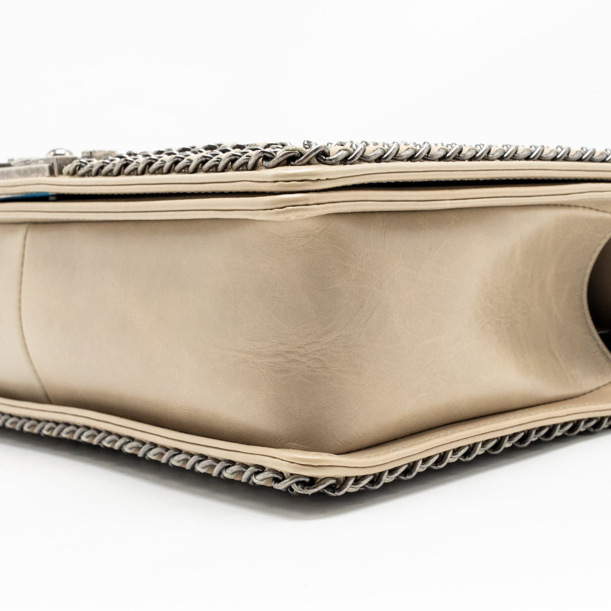 Chanel Old Medium Boy Bag with Chain Calfskin Beige Ruthenium Hardware