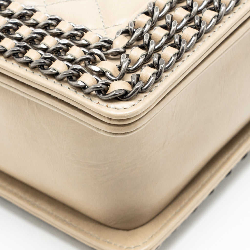 Chanel Old Medium Boy Bag with Chain Calfskin Beige Ruthenium Hardware