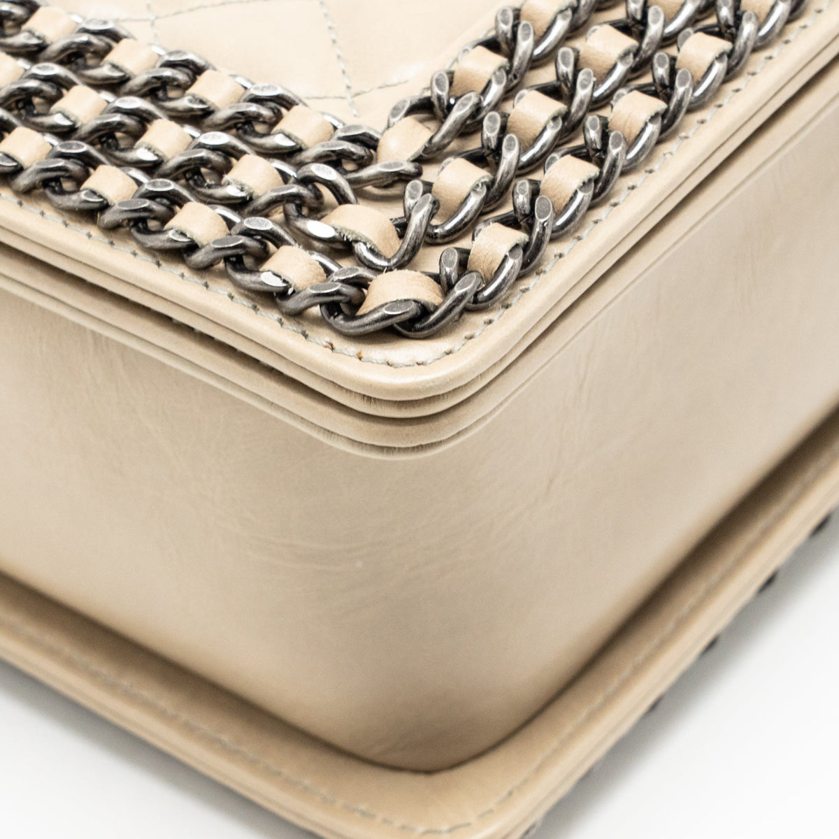 Chanel Old Medium Boy Bag with Chain Calfskin Beige Ruthenium Hardware