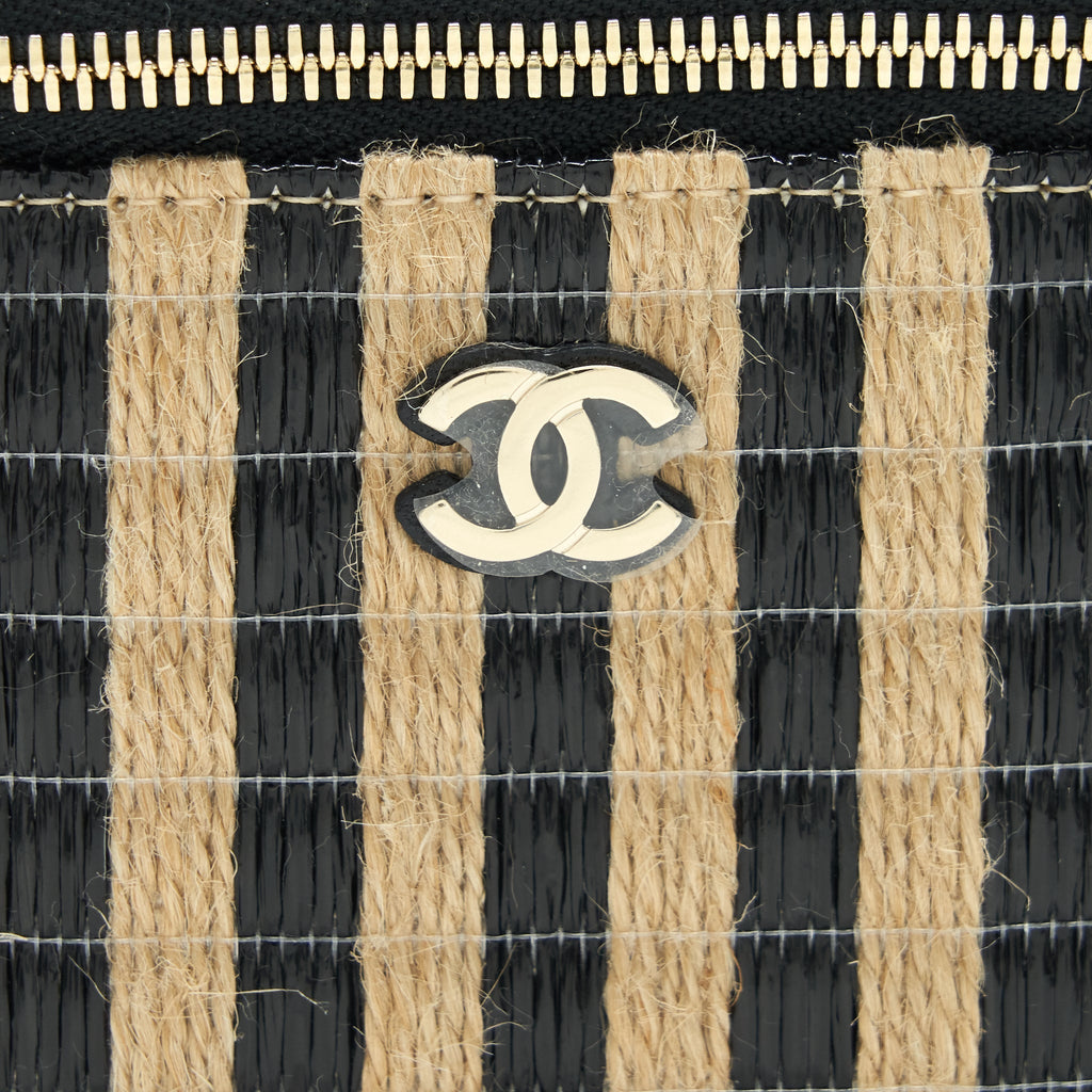CHANEL SMALL VANITY WITH CHAIN RAFFIA BLACK BEIGE STRIPE