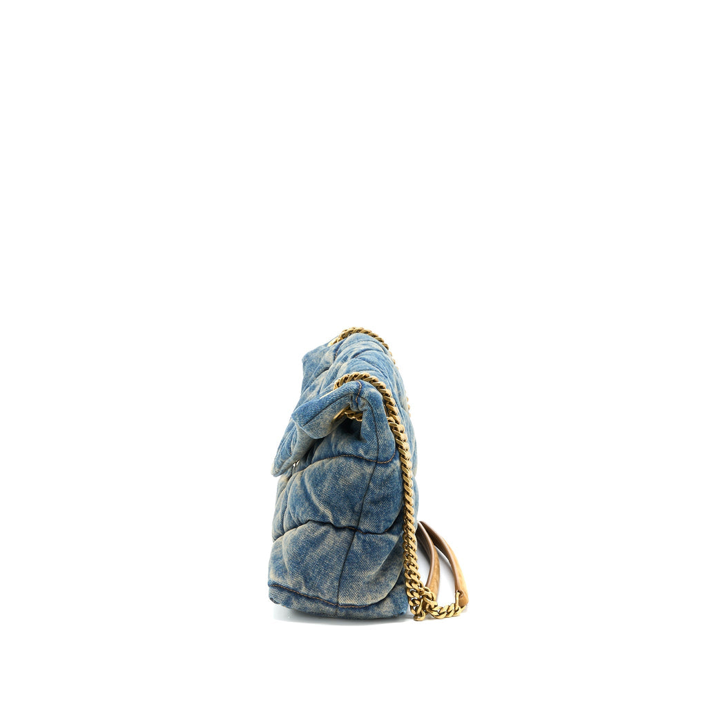 SAINT LAURENT SMALL PUFFER CHAIN BAG DENIM/SUEDE BLUE RUTHENIUM GHW