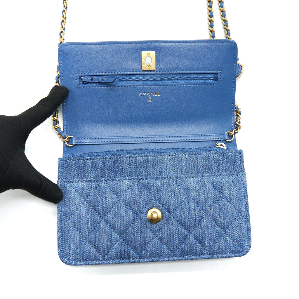 CHANEL 22C PEARL CRUSH  WALLET ON CHAIN DENIM GHW