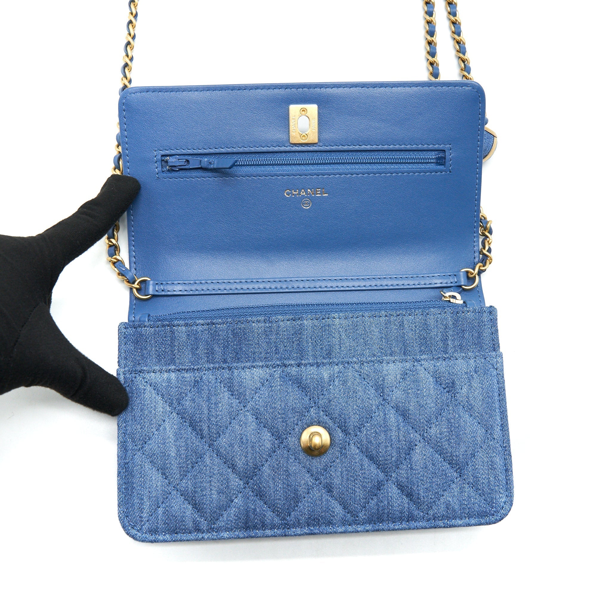 CHANEL 22C PEARL CRUSH  WALLET ON CHAIN DENIM GHW