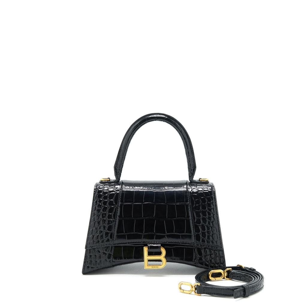 BALENCIAGA HOURGLASS S CROC EMBOSSED LEATHER HANDBAG BLACK GHW