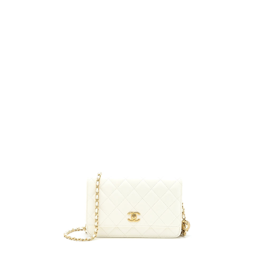 CHANEL PEARL CRUSH WALLET ON CHAIN LAMBSKIN WHITE BRUSHED GHW (MICROCHIP)