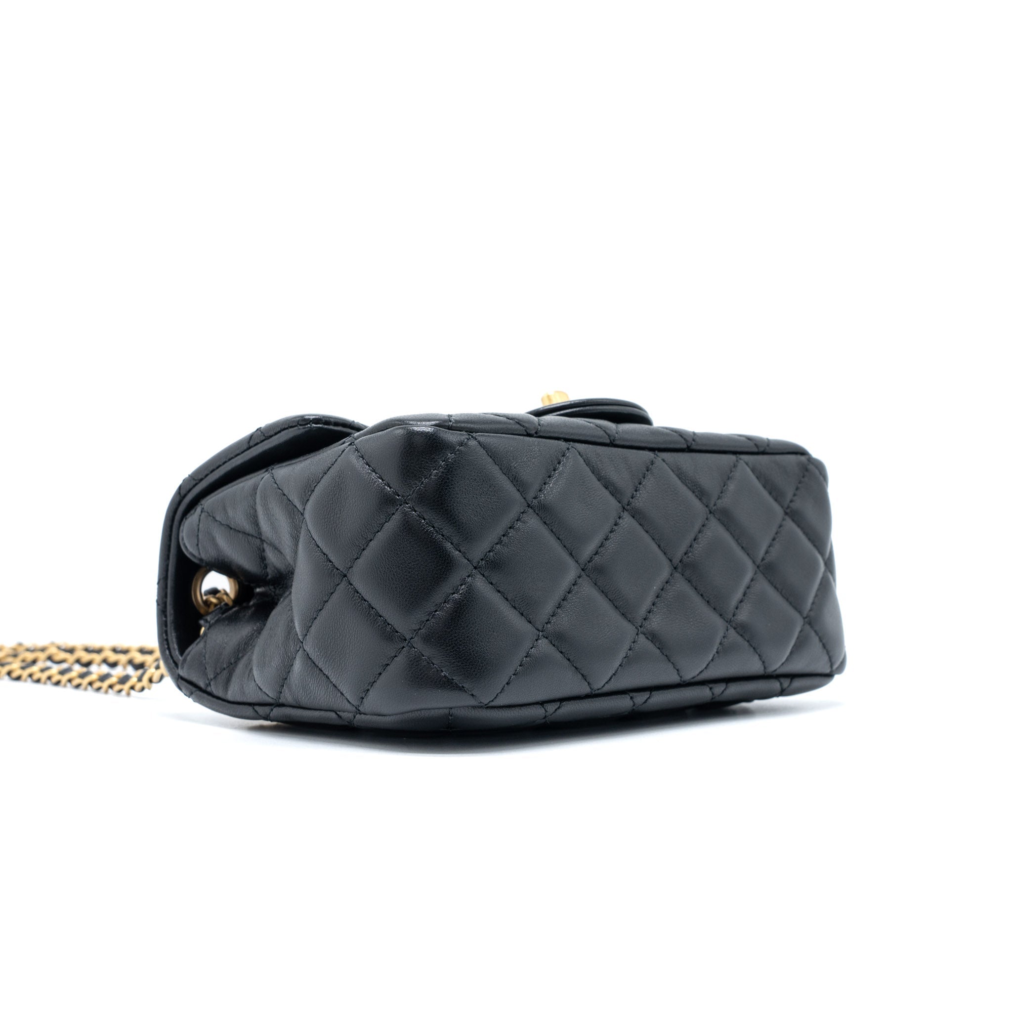 CHANEL PEARL CRUSH MINI SQUARE FLAP BAG LAMBSKIN BLACK BRUSHED GHW (MICROCHIP)