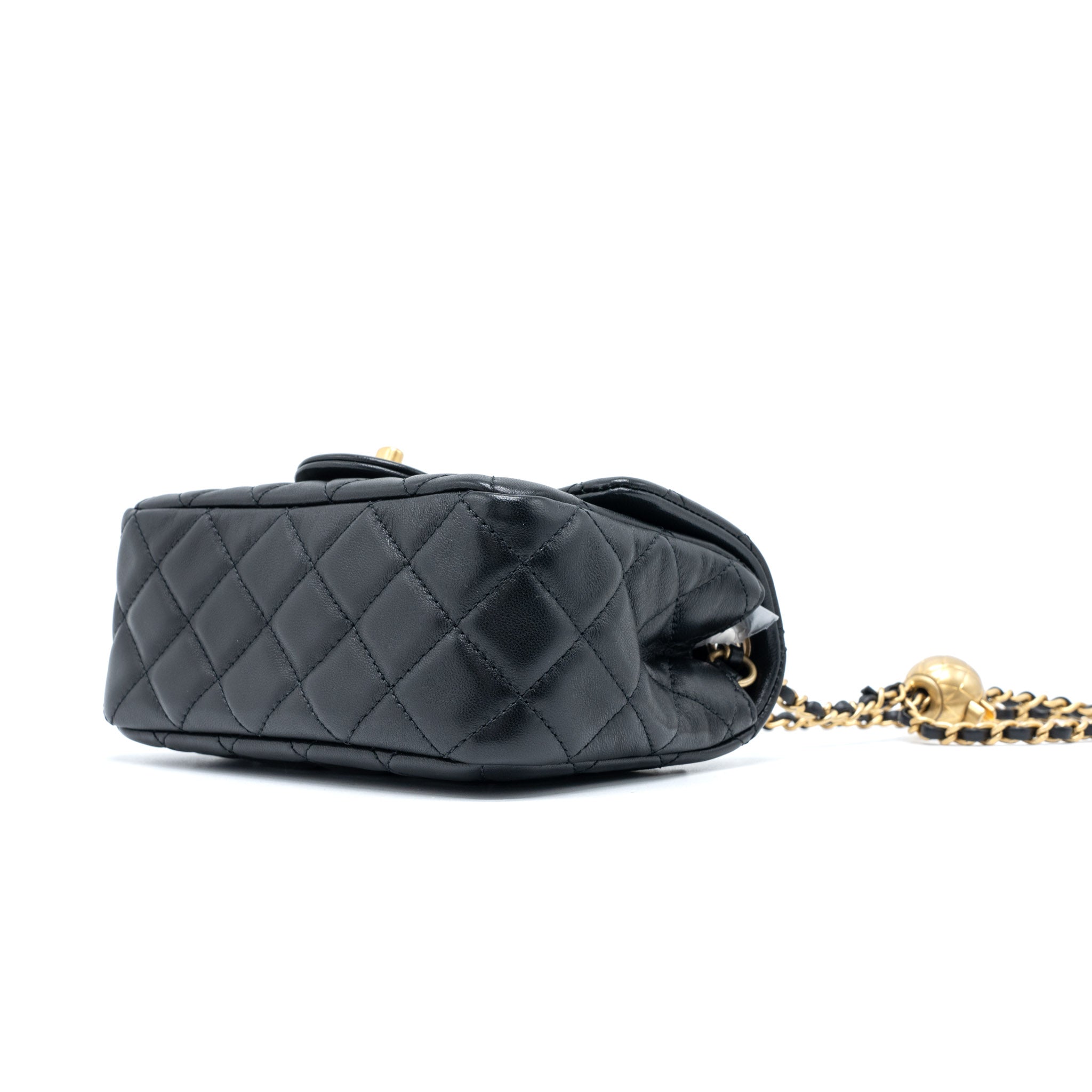 CHANEL PEARL CRUSH MINI SQUARE FLAP BAG LAMBSKIN BLACK BRUSHED GHW (MICROCHIP)