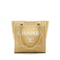 CHANEL DEAUVILLE PM CHAIN TOTE BAG CANVAS DARK BEIGE SHW (MICROCHIP)