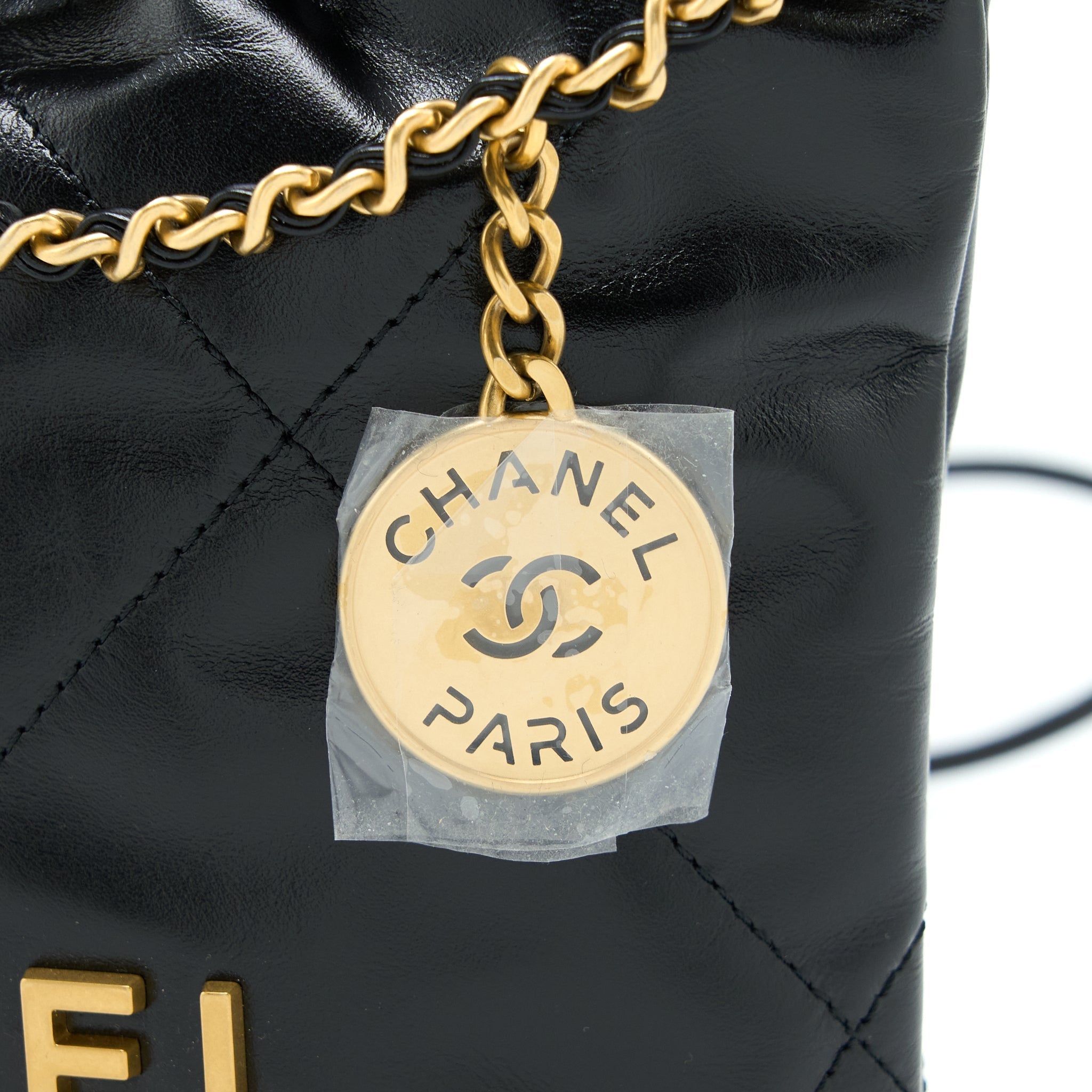 CHANEL MINI 22 BAG SHINY CALFSKIN BLACK BRUSHED GHW (MICROCHIP)