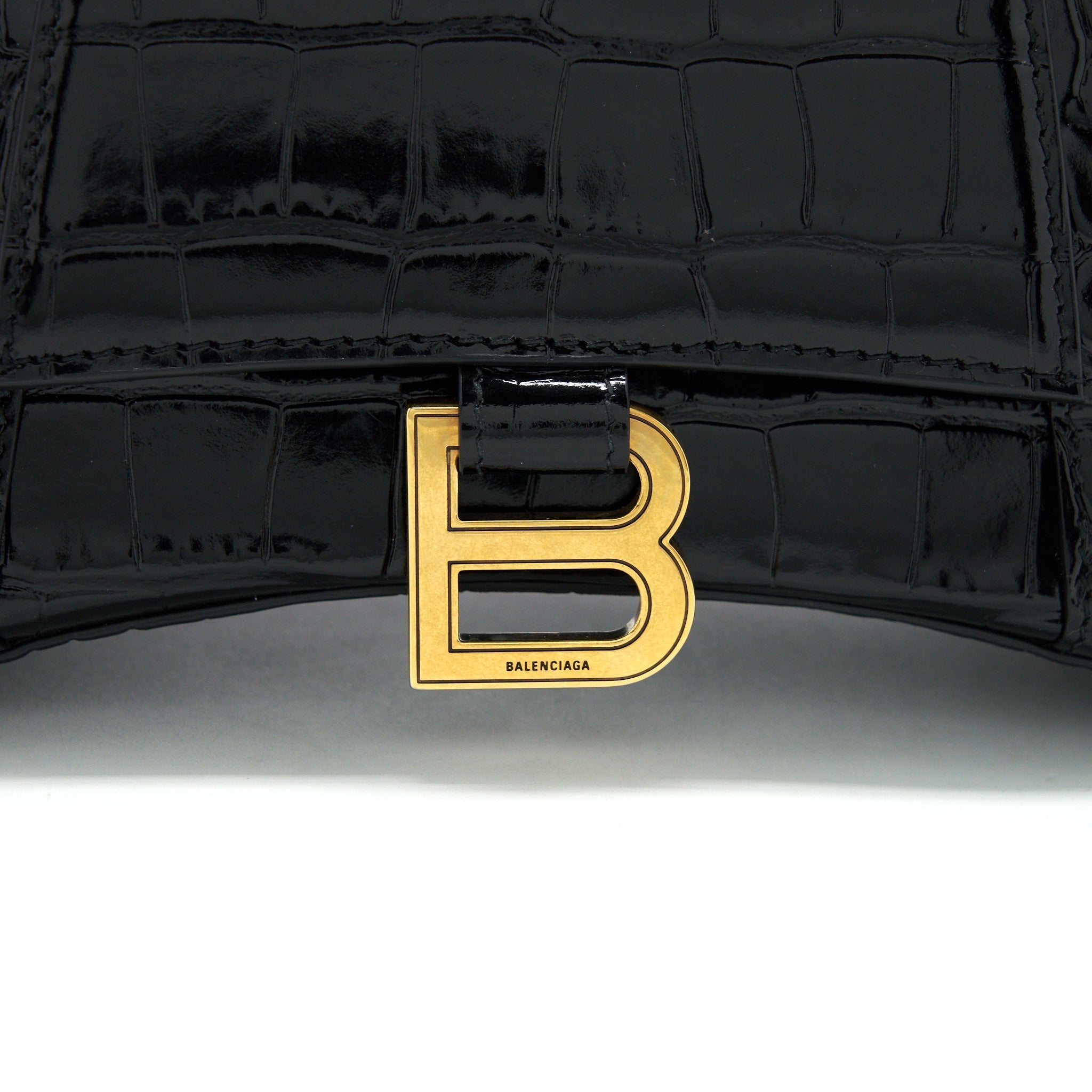 BALENCIAGA HOURGLASS S CROC EMBOSSED LEATHER HANDBAG BLACK GHW