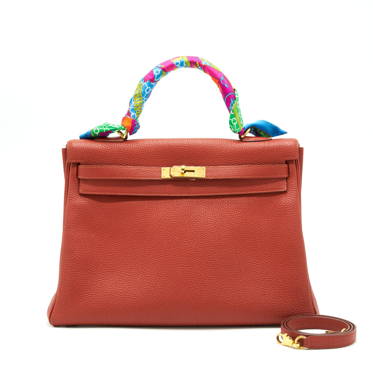 Hermes Kelly 35 Togo Vermillion GHW With An Extra Twilly