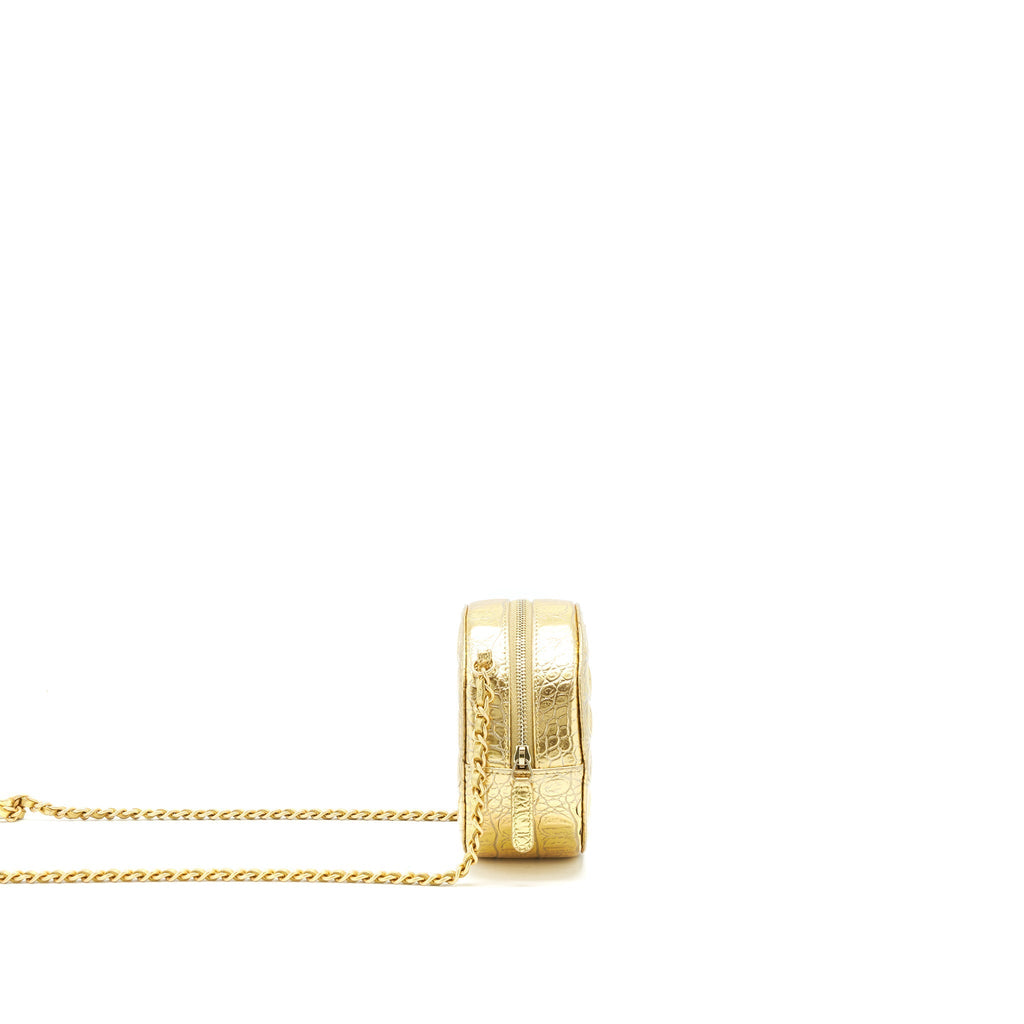 CHANEL MINI ROUND VANITY WITH CHAIN CROC EMBOSSED LEATHER GOLD GHW
