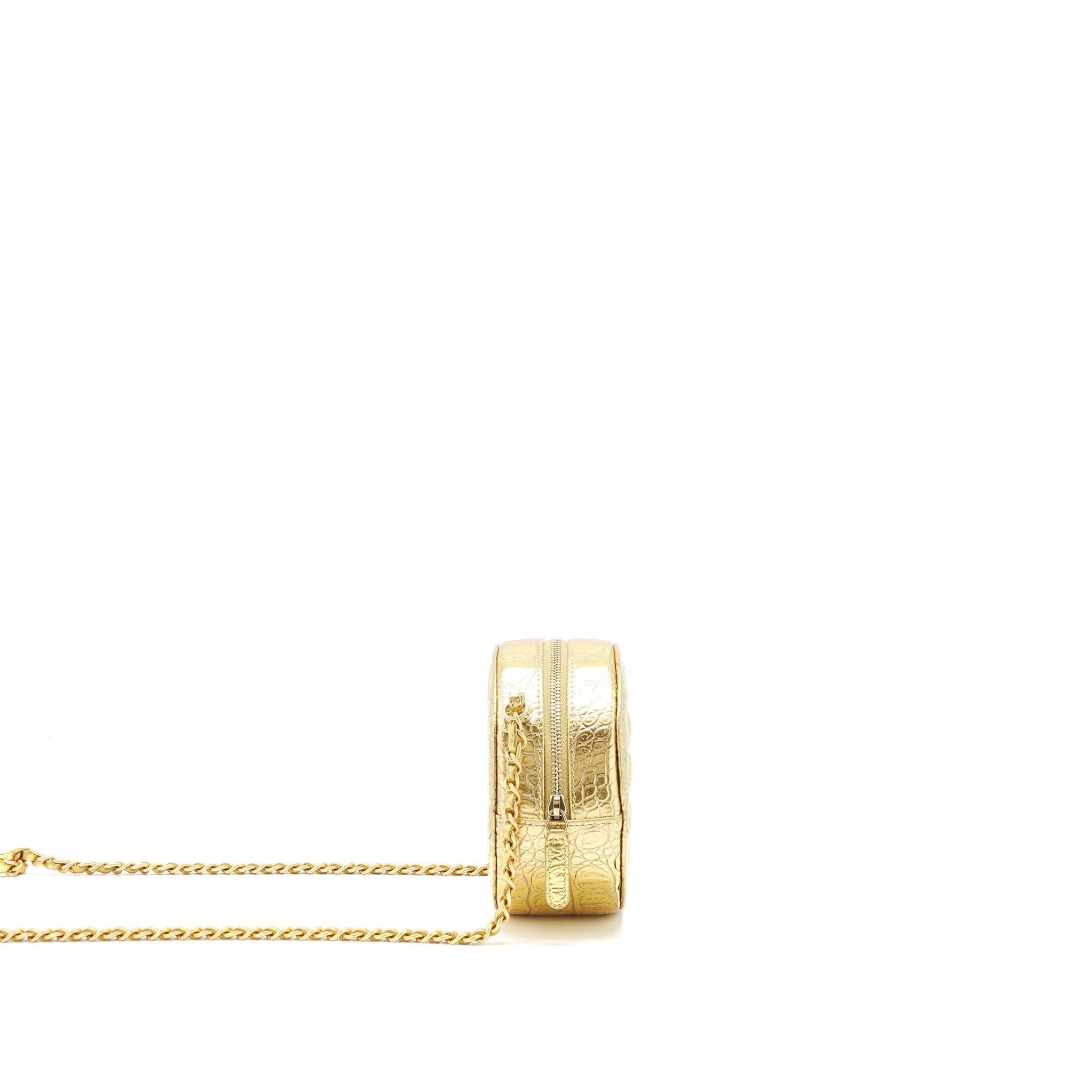 CHANEL MINI ROUND VANITY WITH CHAIN CROC EMBOSSED LEATHER GOLD GHW