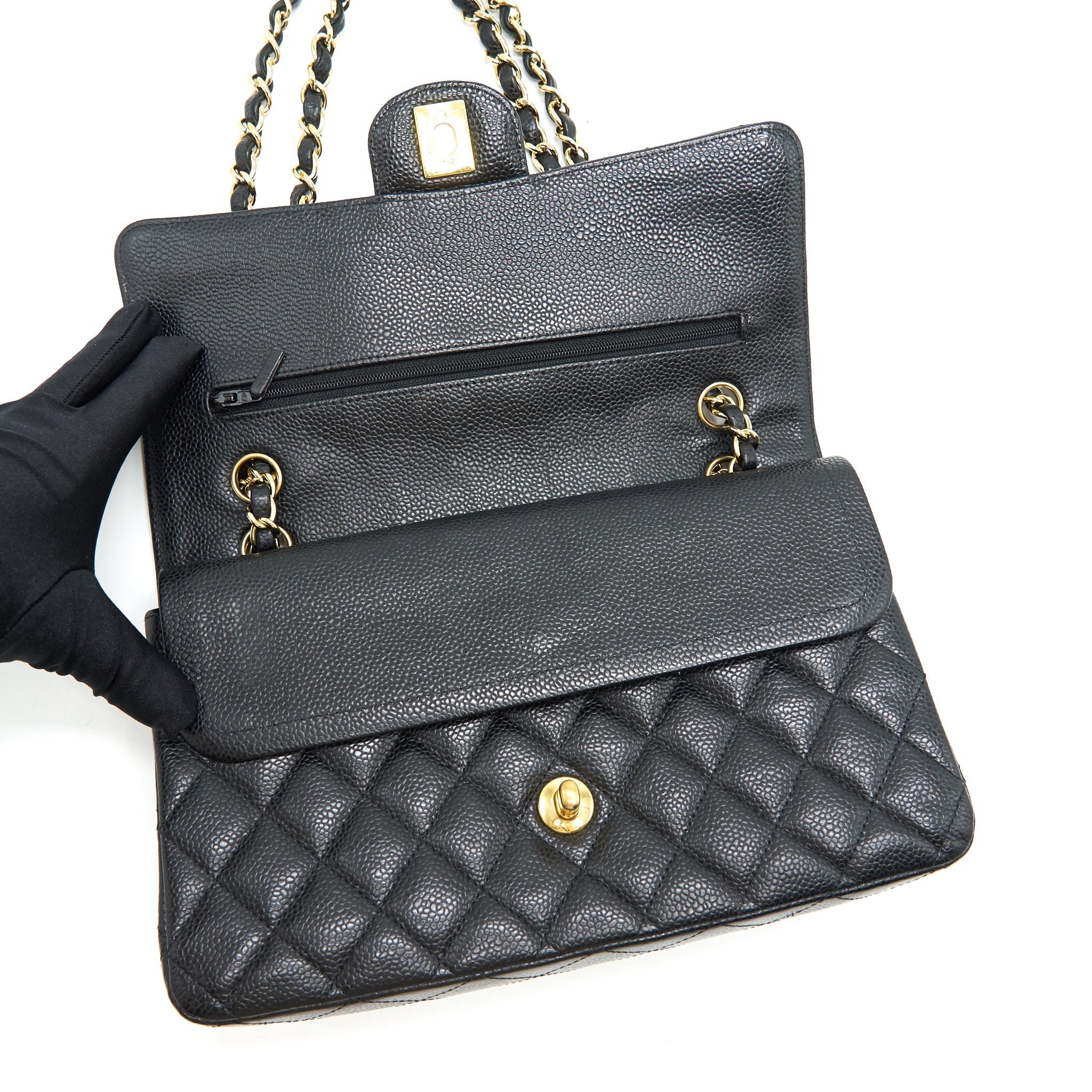 CHANEL MEDIUM CLASSIC DOUBLE FLAP BAG CAVIAR BLACK GHW SERIAL16