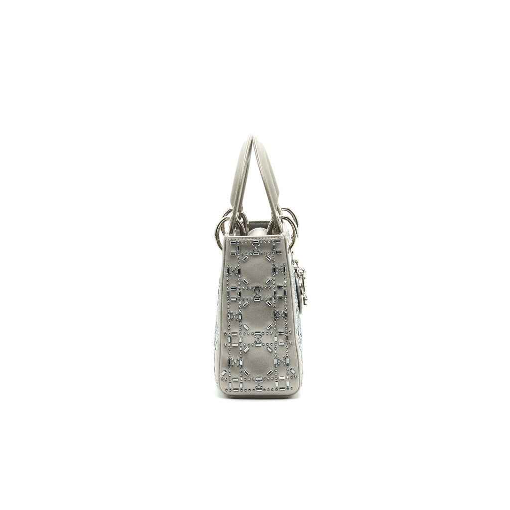 CHRISTIAN DIOR SATIN CRYSTAL CANNAGE MINI LADY DIOR GRAY