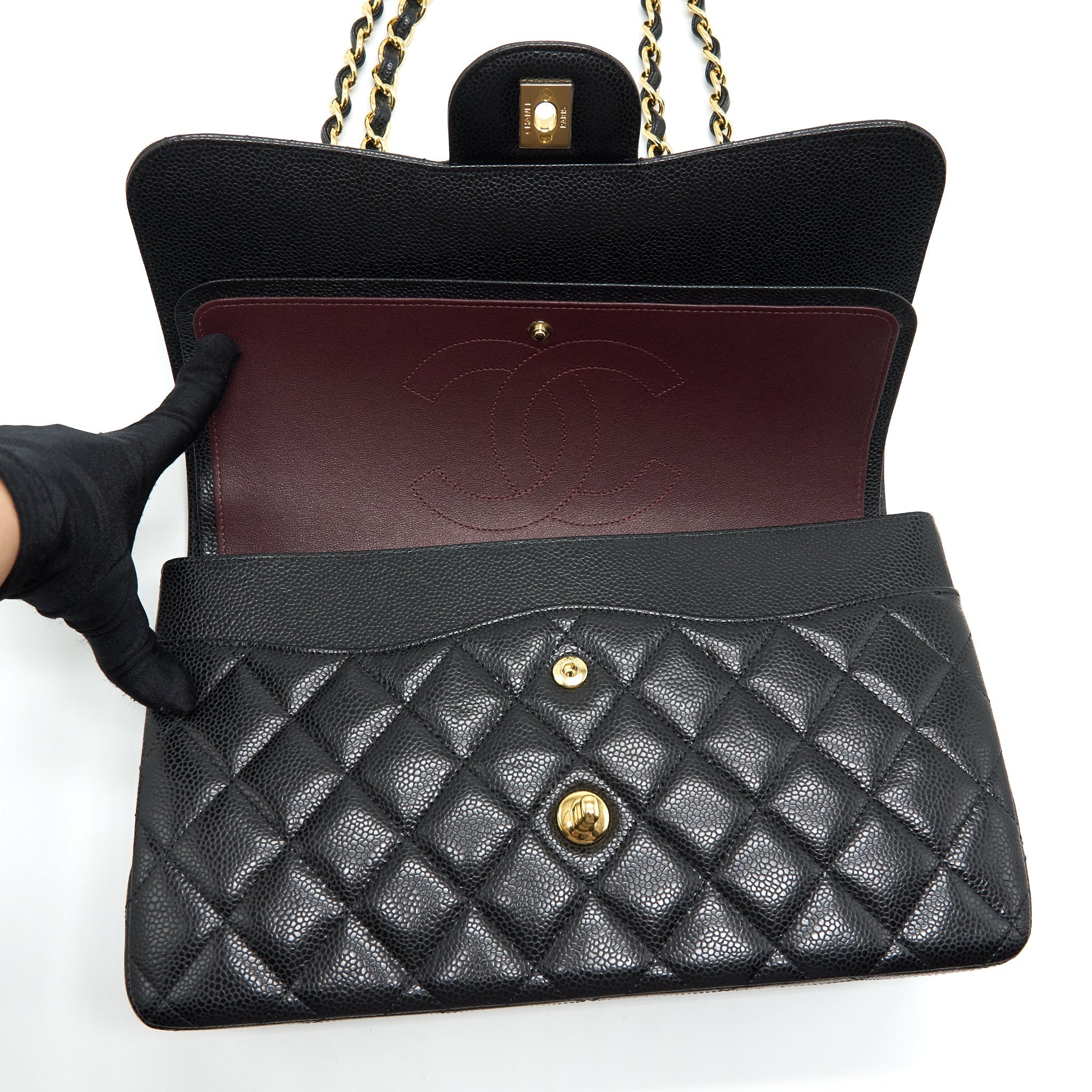 CHANEL JUMBO CLASSIC DOUBLE FLAP BAG CAVIAR BLACK GHW (MICROCHIP)